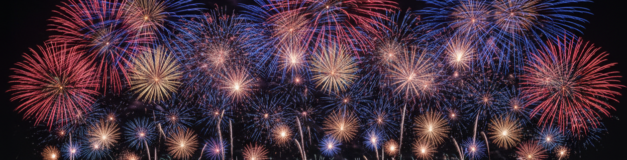 display as landscape. show a lot of fireworks going off in the sky